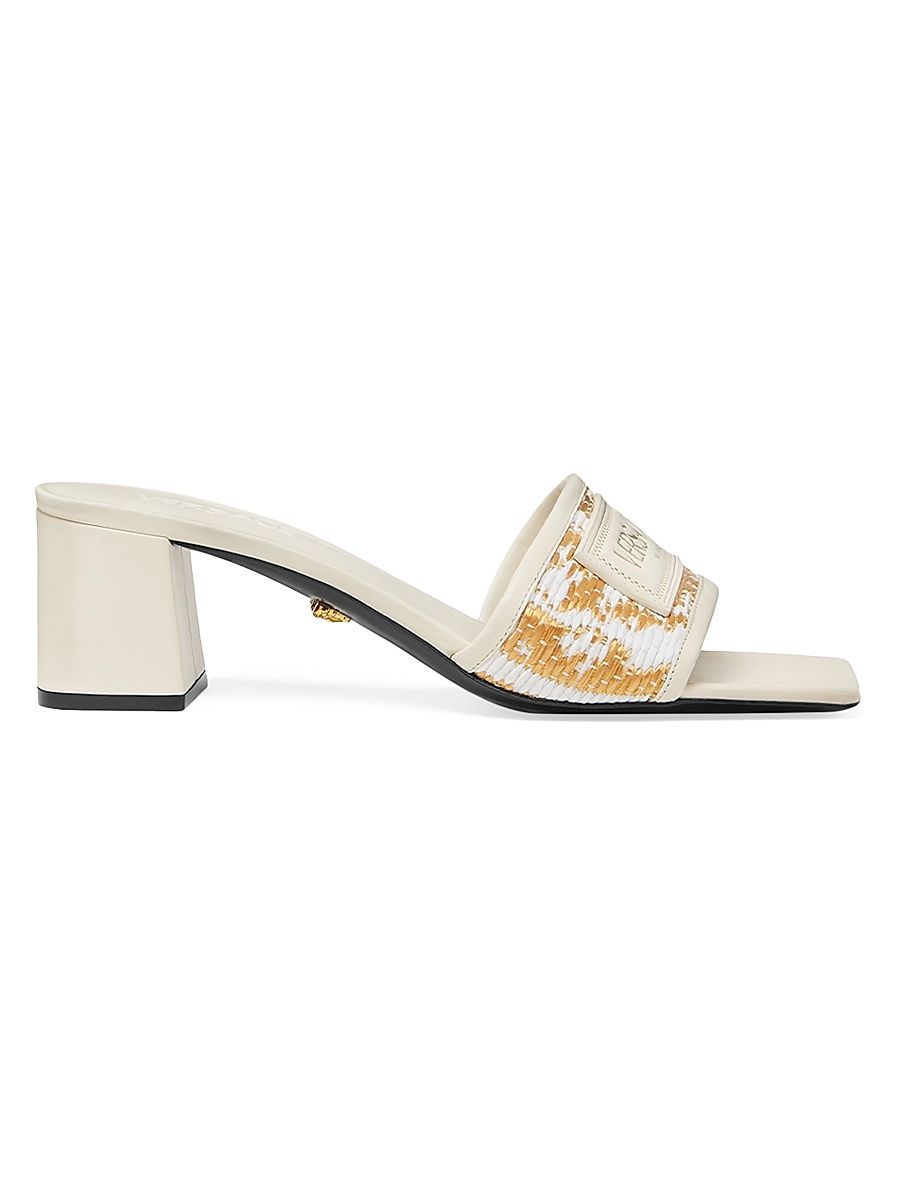 Women's Athena 50MM Raffia Mules - White Gold Versace Gold - Size 8.5