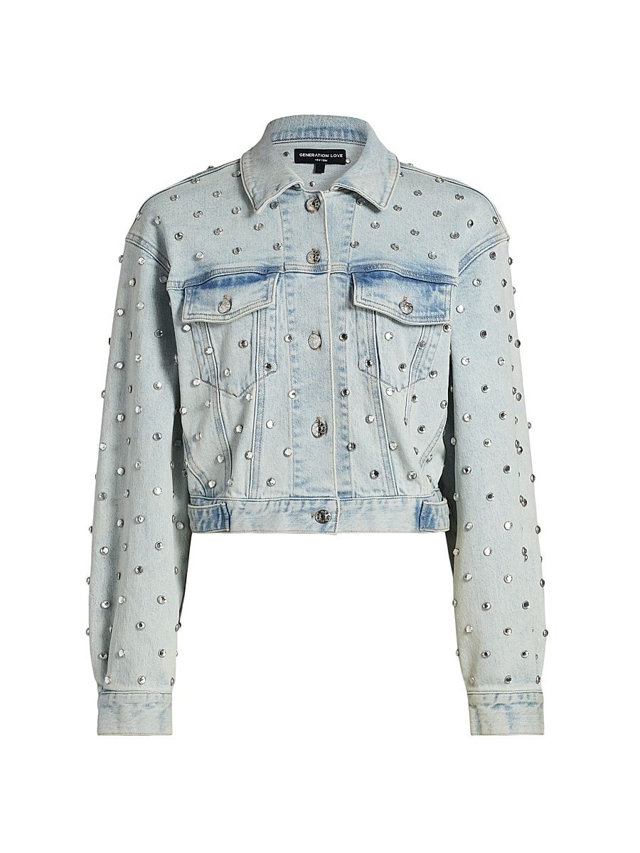Women's Toddie Crystal Stretch-Denim Crop Jacket - Ice Blue - Size Large