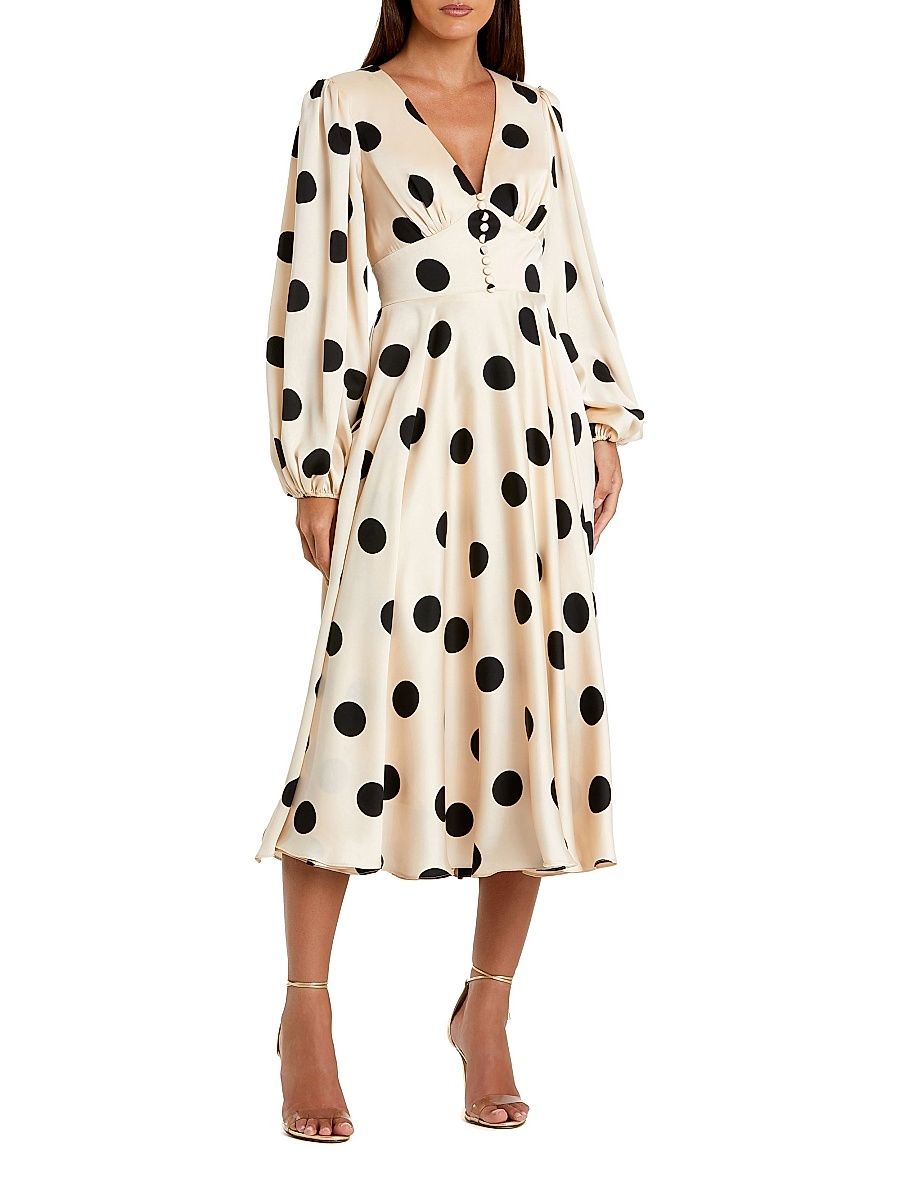 Women's Ieena 2 Polka Dot Satin V-Neck Midi-Dress - Cream Black - Size 16