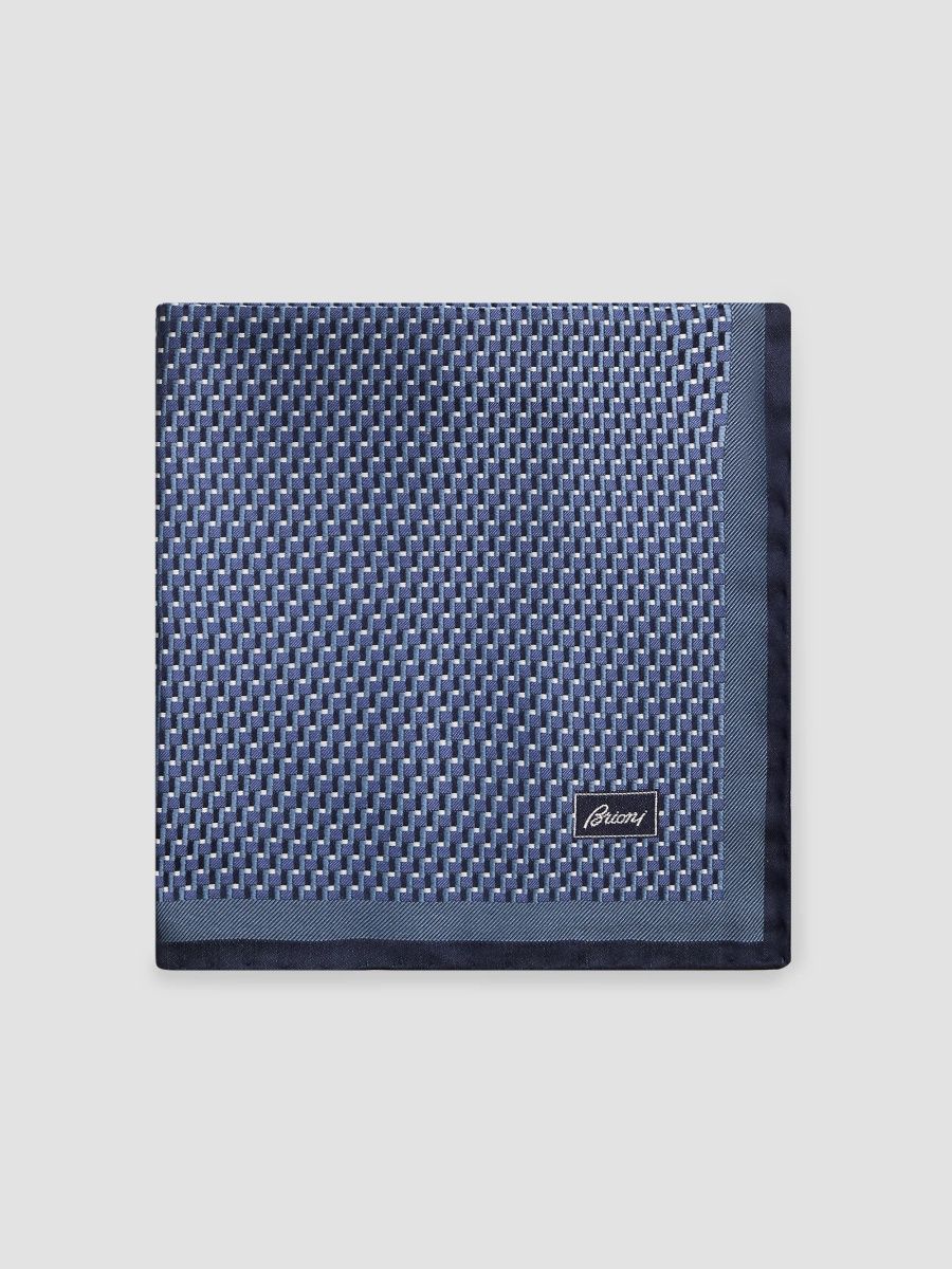 Brioni Men's Hand-Rolled Geometric Silk Pocket Sqaure - Deep Blue