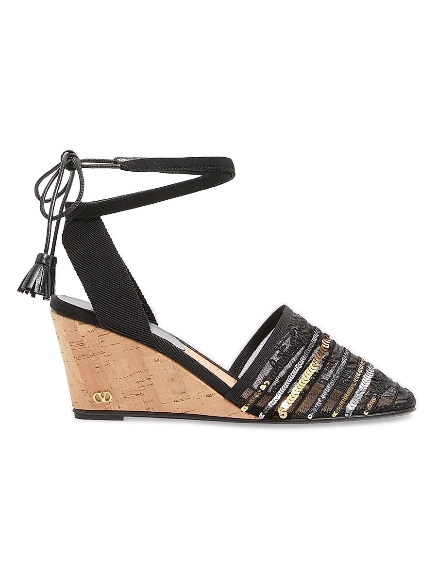 Women's La Cruisette 75MM Mesh Wedges with Embroidery - Black - Size 8