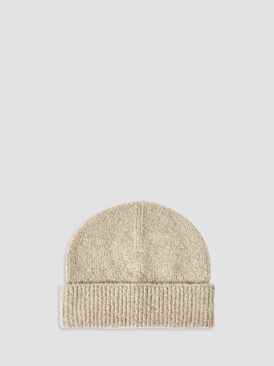 Men's Virgin Wool, Silk and Cashmere Ribbed Beanie - Sand - Size Small