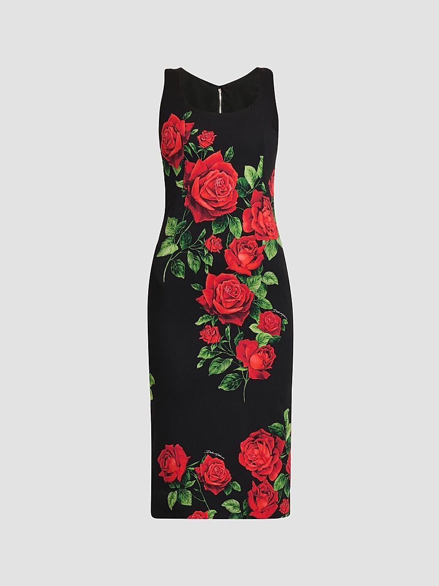 Women's Floral Stretch-Silk Scoopneck Midi-Dress - Rose Rosse Nero - Size 12