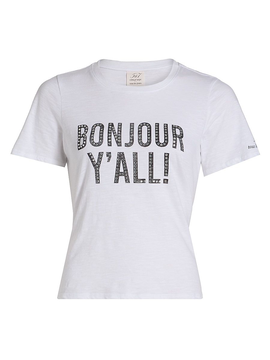 Women's Heatset Bonjour Y'all Graphic Cotton T-Shirt - White Black - Size XL