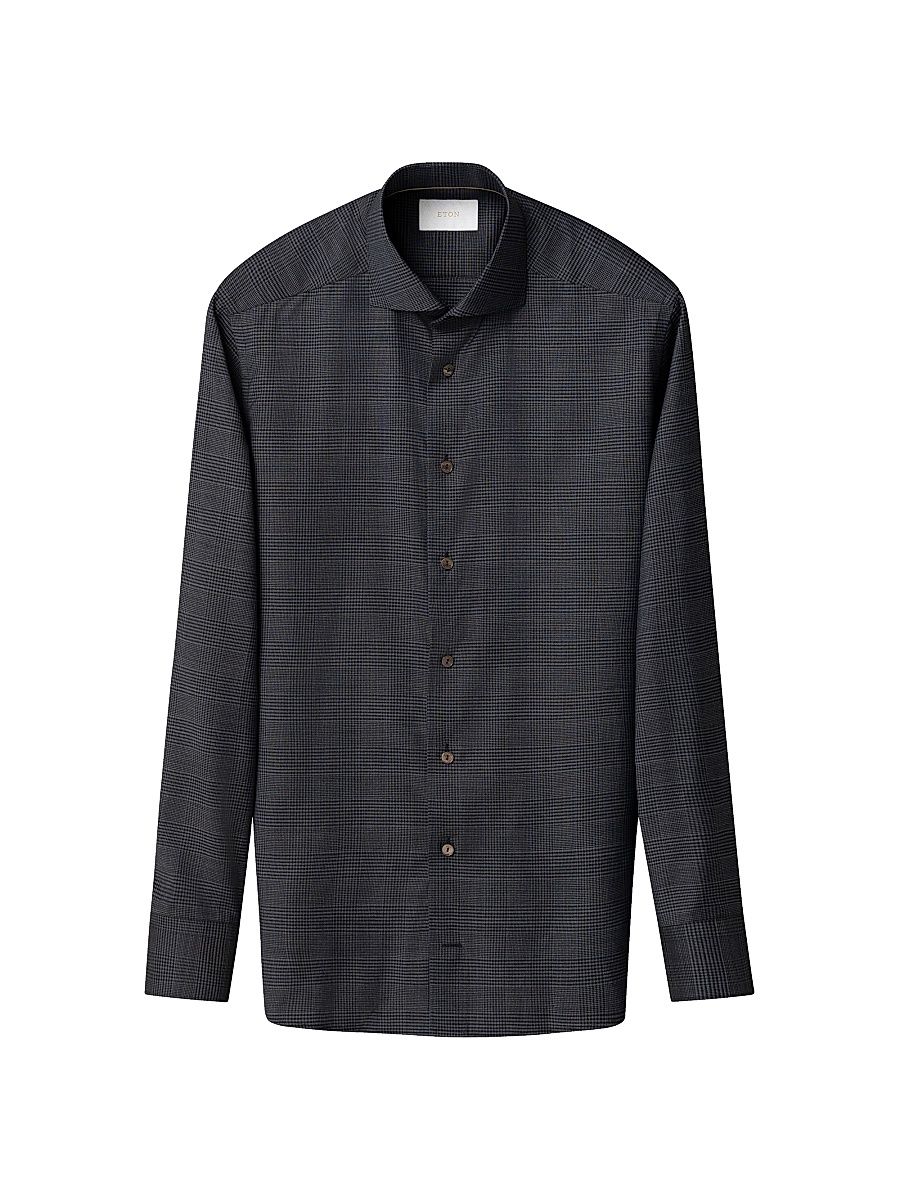 Men's Check Merino Wool Contemporary-Fit Shirt - Grey - Size 18