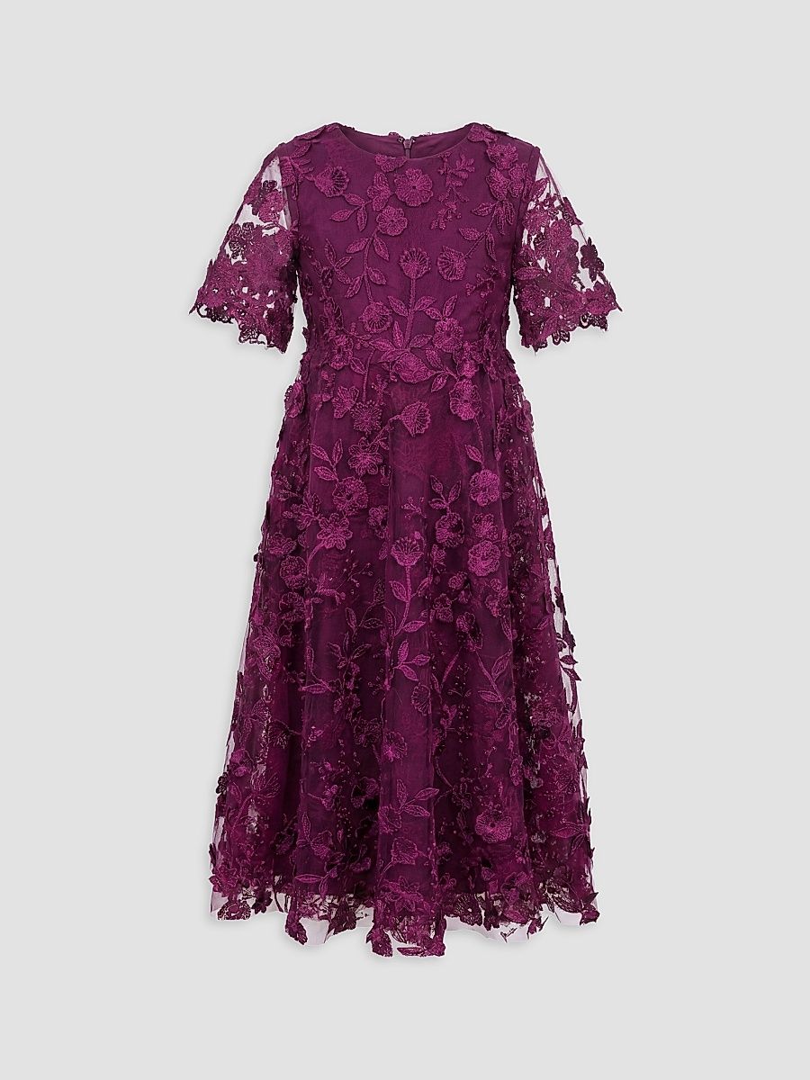 Mac Duggal Girl's Girl's Emboridered Midi-Dress - Auberhgine - Size 14