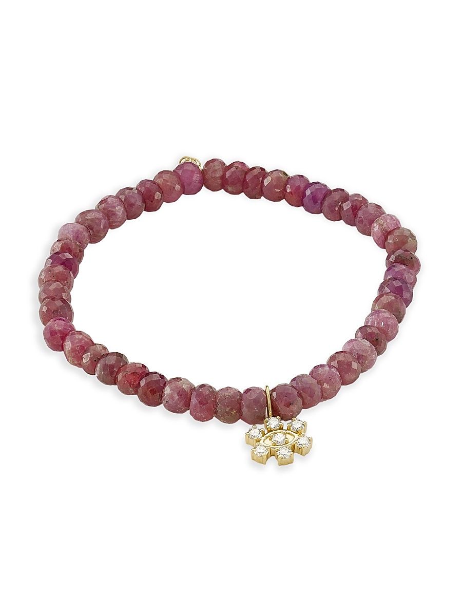 Women's 14K Yellow Gold, Pink Sapphire, & 0.36 TCW Diamond Beaded Stretch Bracelet - Pink