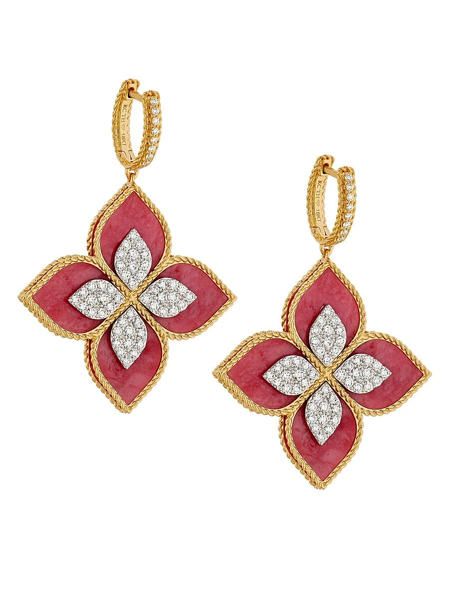 Women's Venetian Princess 18K Yellow Gold, Rhodonite & 1.49 TCW Flower Drop Earrings - Yellow Gold