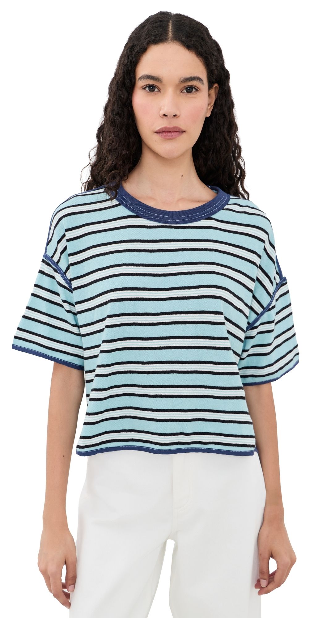 Free People Clean Rugby Tee Crystal Blue Combo S