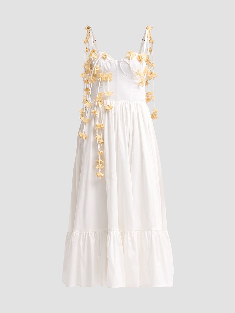 Women's Floral Applique Tricoline Bustier Midi Dress - Off White - Size 0