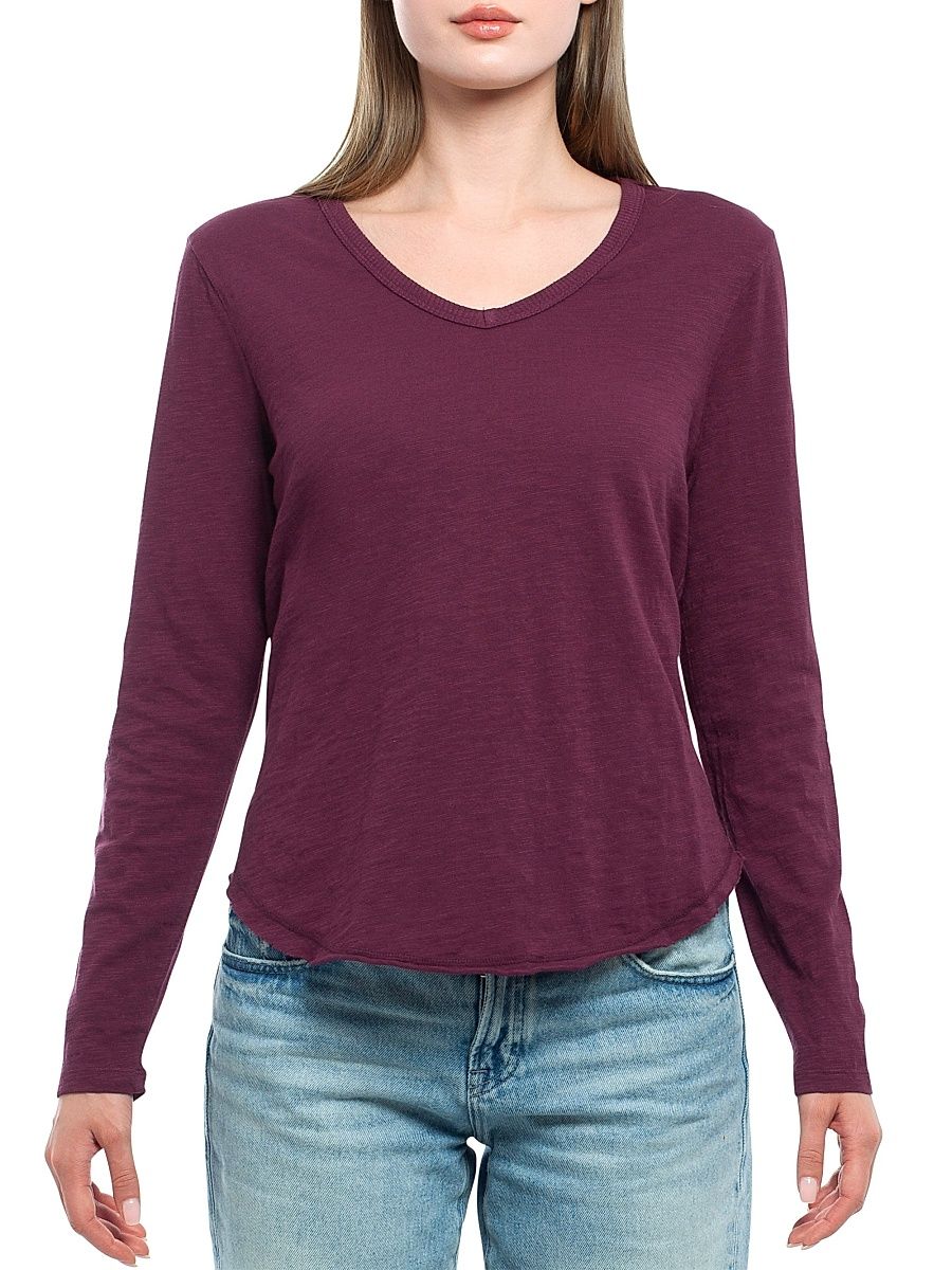 Women's Long Sleeve V-Neck w/ Raw Hem Shirttail - Dark Fig - Size XL
