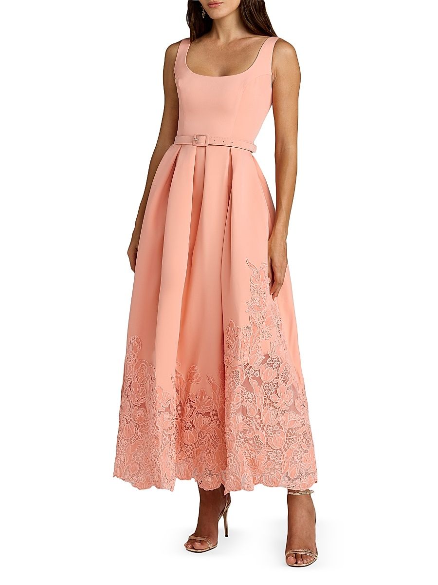 Women's Floral-Lace Crepe Belted Midi-Dress - Peach - Size 14