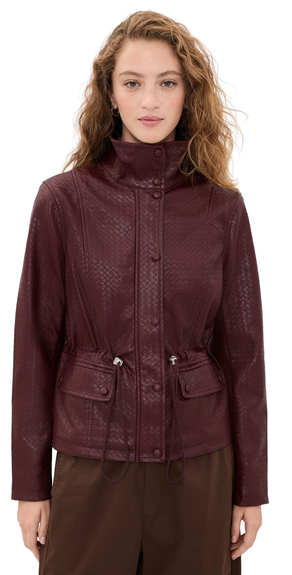 Avec Les Filles Faux-Ever Leather Basketweave Cropped Anorak Burgundy XS