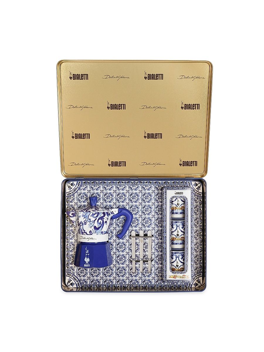 Bialetti Moka 3-Cup Coffee Maker & Porcelain Cups 7-Piece Set - Blue