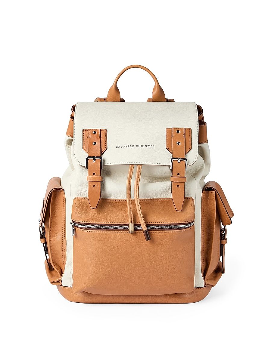 Men's Grained Calfskin and Cowhide City Backpack - Ivory