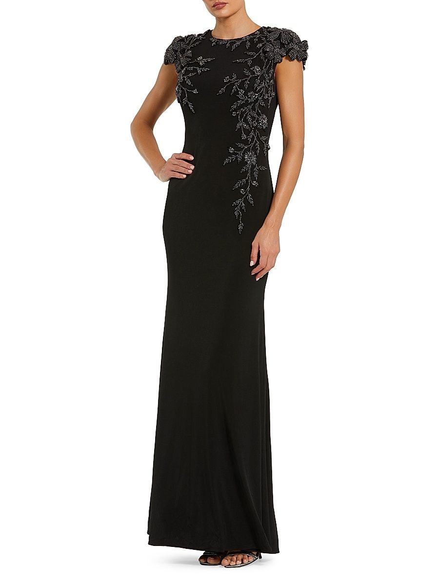 Women's Bead-Embellished Floral-Appliquéd Jersey Gown - Black Multi - Size 16