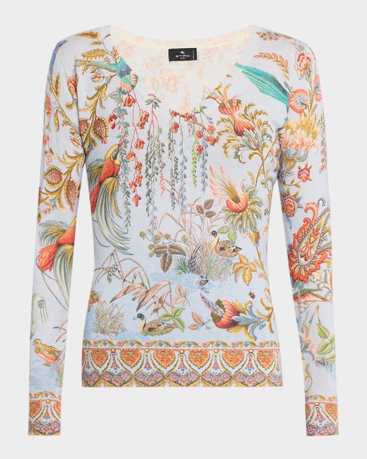 Flora & Fauna Print Cashmere-Silk V-Neck Sweater