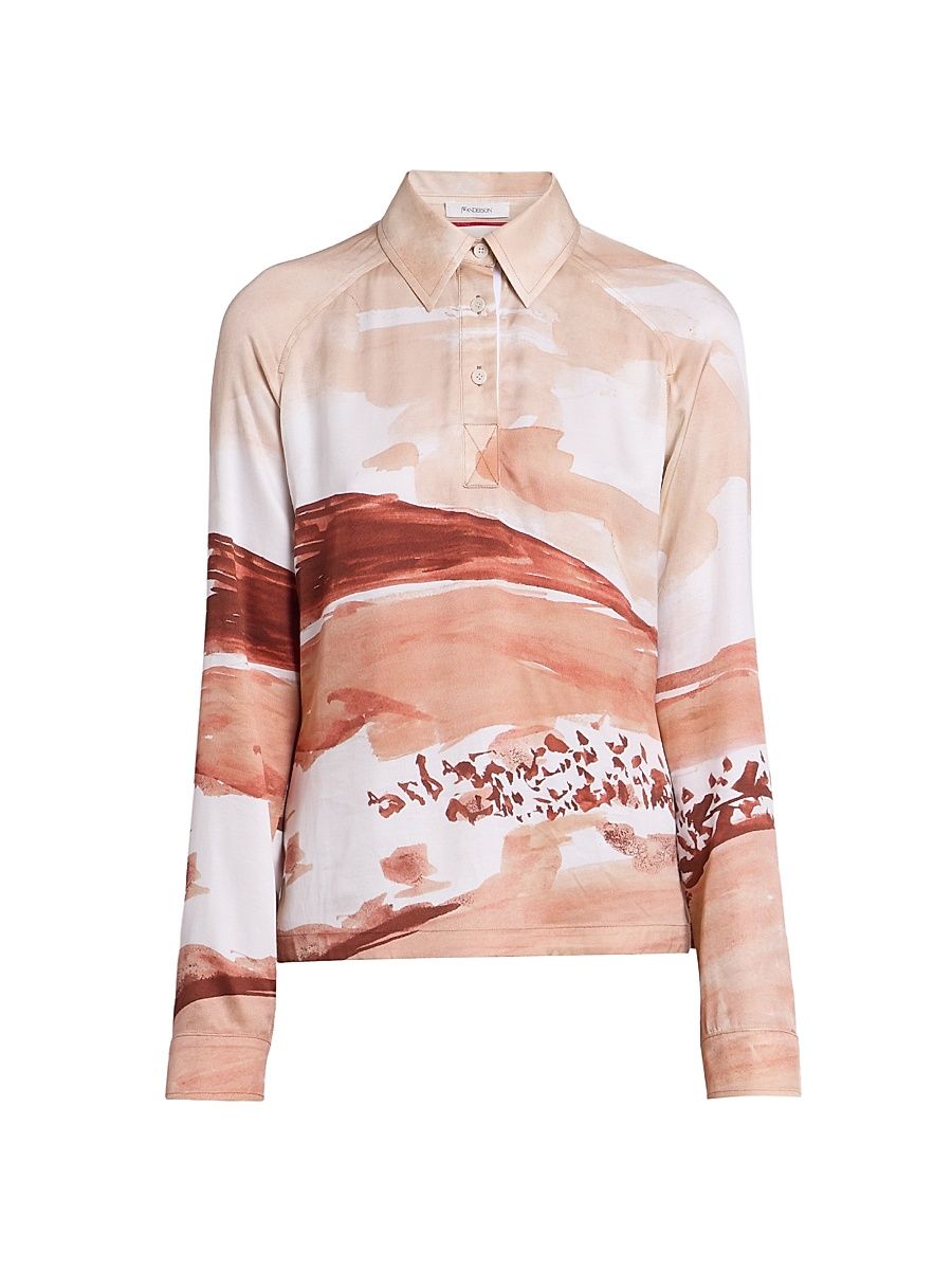 Women's Abstract Print Long-Sleeve Polo Top - Red White - Size 8