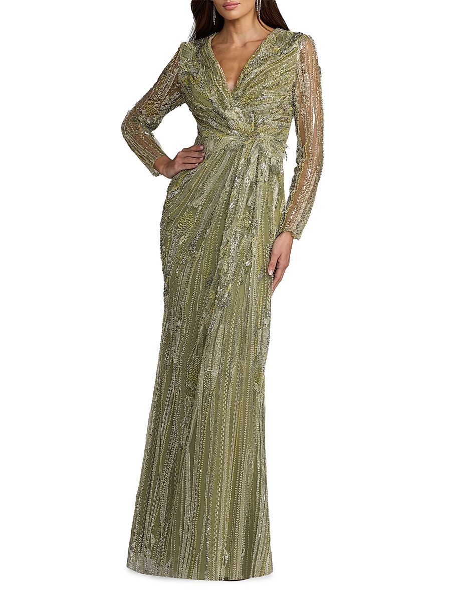 Women's Embroidered Mesh Long-Sleeve Column Gown - Pistachio - Size 18