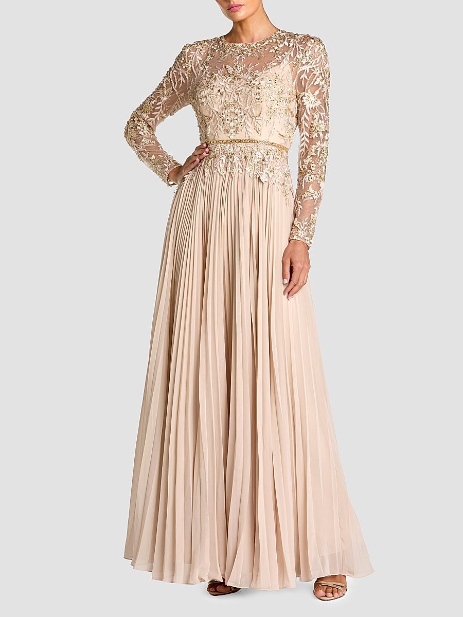 Women's Petite Chiffon Long-Sleeve Embellished Gown - Taupe - Size Petite 14