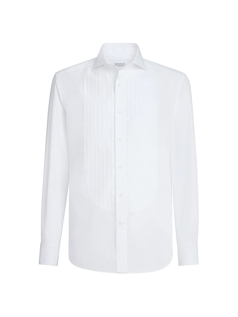 Men's Cotton Twill Slim Fit Shirt with Point Collar and Pleated Bib - White - Size XL