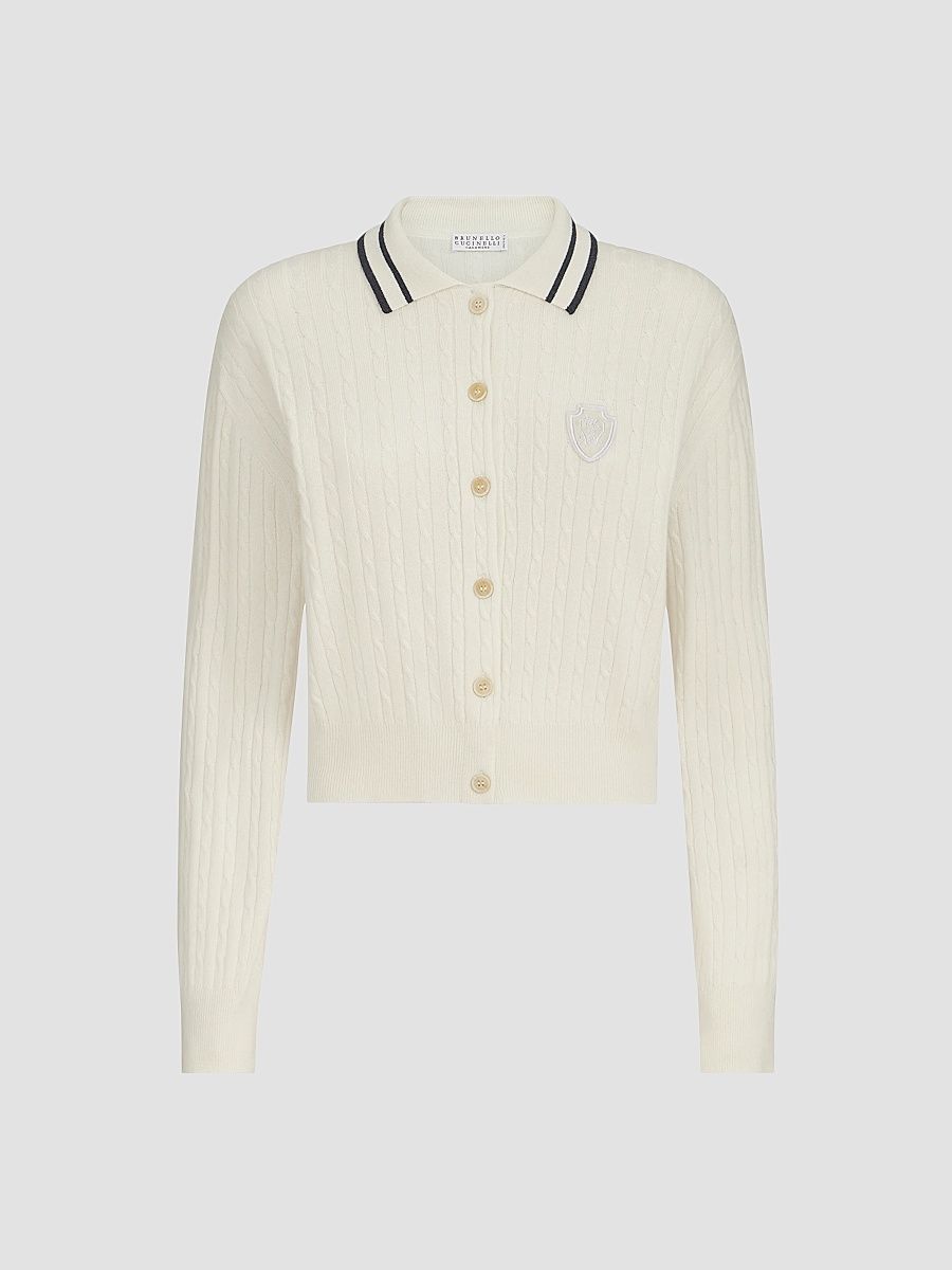 Women's Cashmere Cable Knit Polo Shirt with Logo - Milk - Size XL