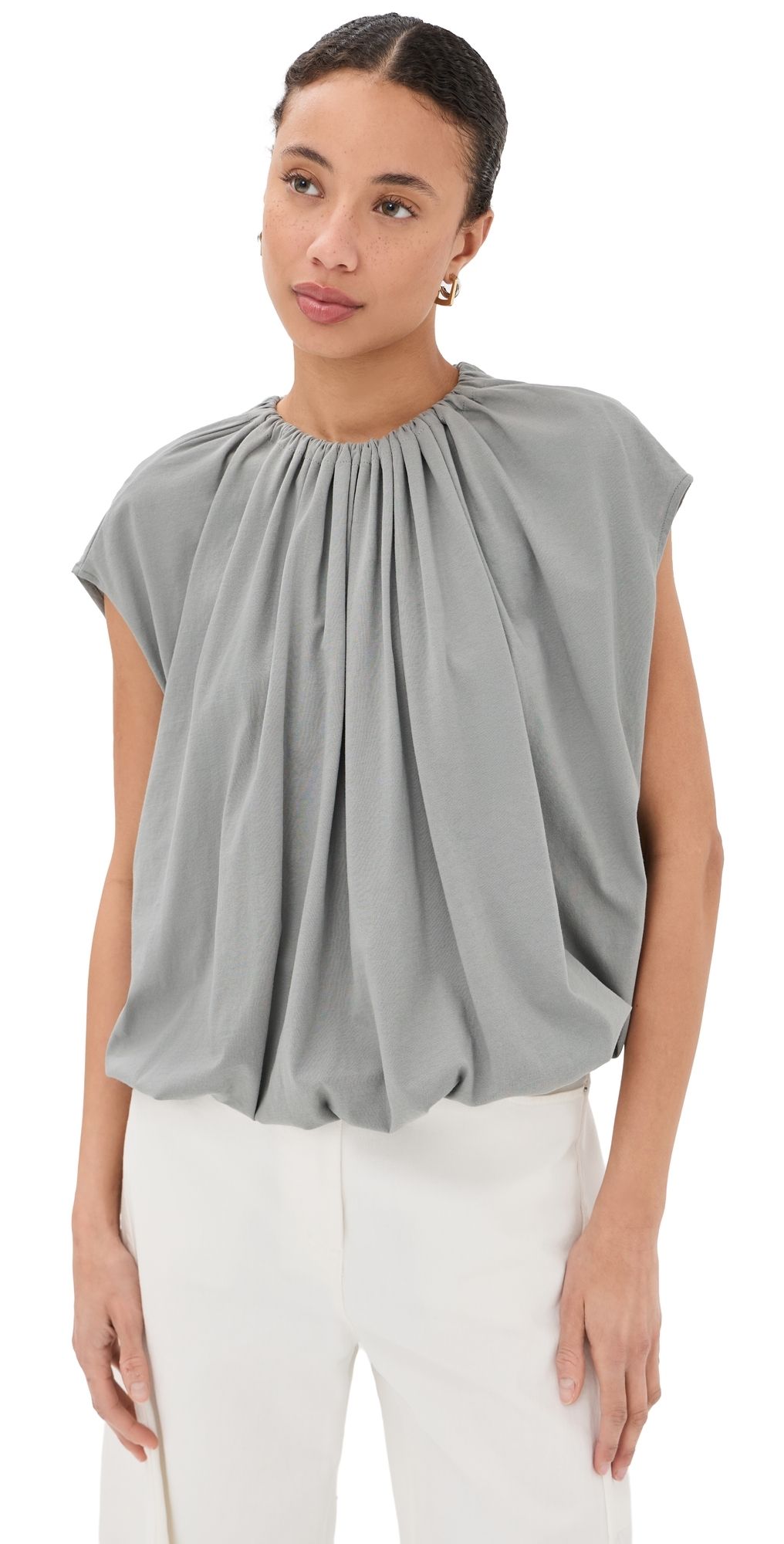 Tibi Shirred Neck Circular Tee Pumice Grey L