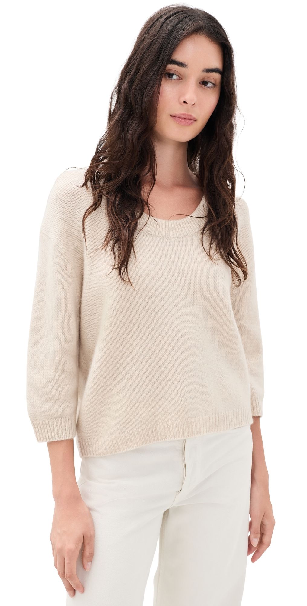 White & Warren Featherweight Cashmere Scoop Tee Natural Heather M