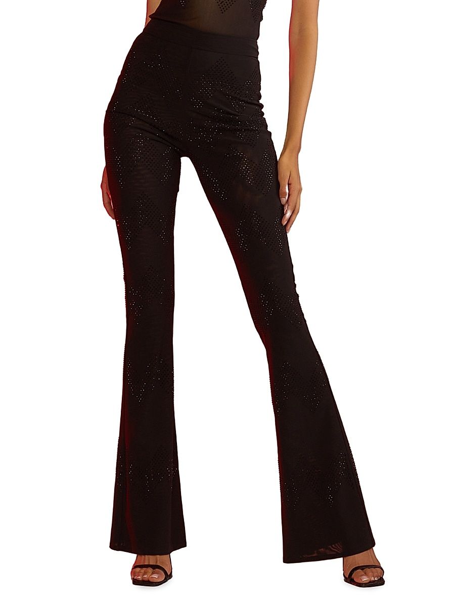 Women's Crystal Mesh Pull-On Flare Pants - Black - Size 10