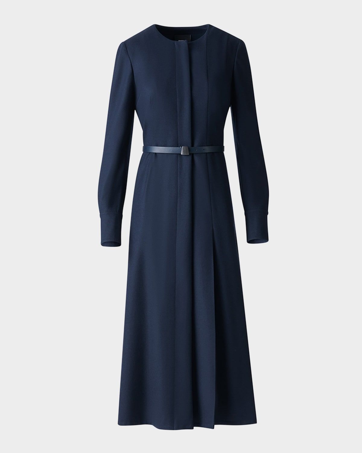 Pleated Wool Stretch Flannel Midi Dress With Belt