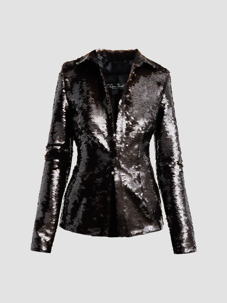 LaQuan Smith Women's Sequin Button-Up Blouse - Chocolate - Size XL