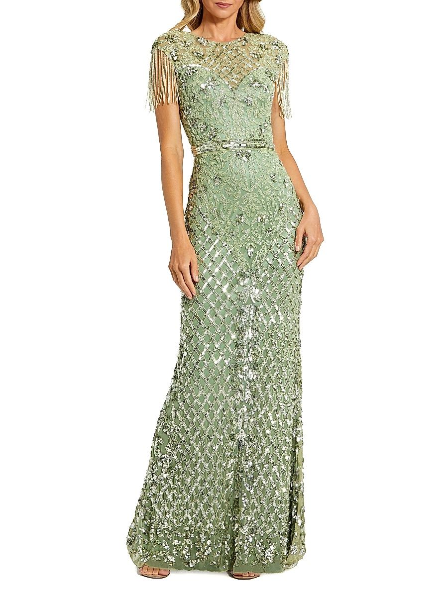 Women's Embellished Fringe Column Gown - Sage - Size 14