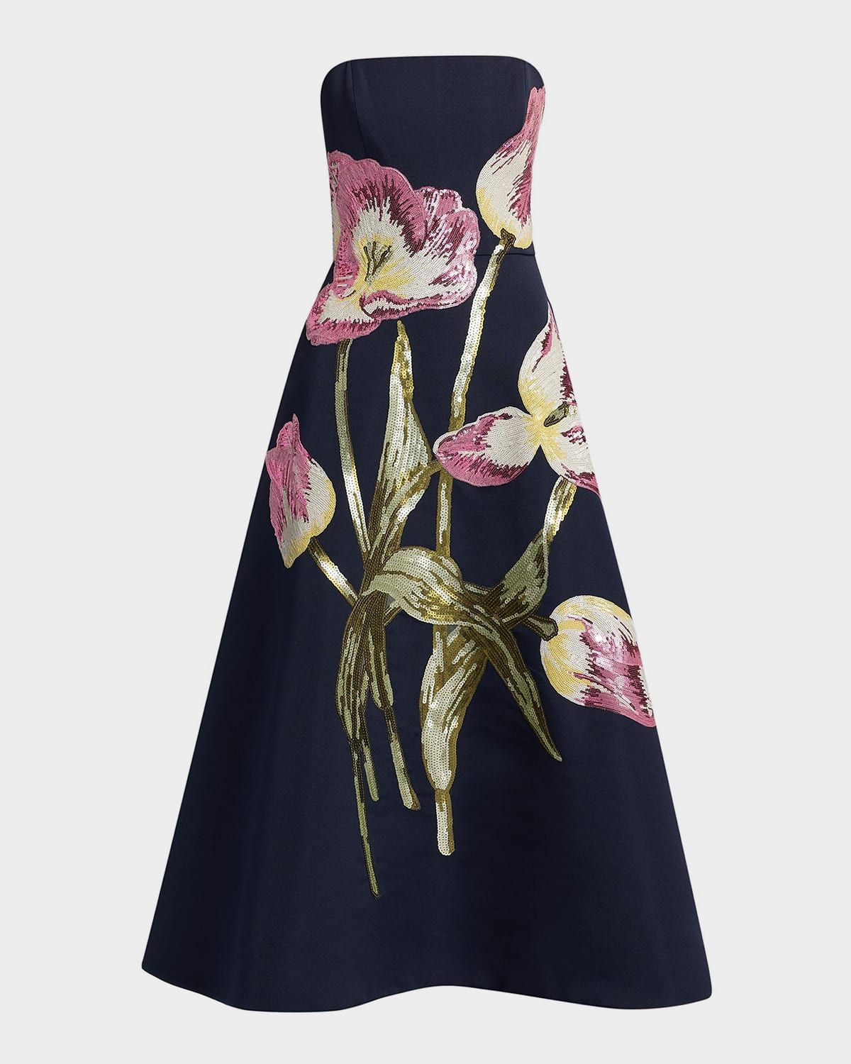 Floral Sequined Strapless Midi Cocktail Dress