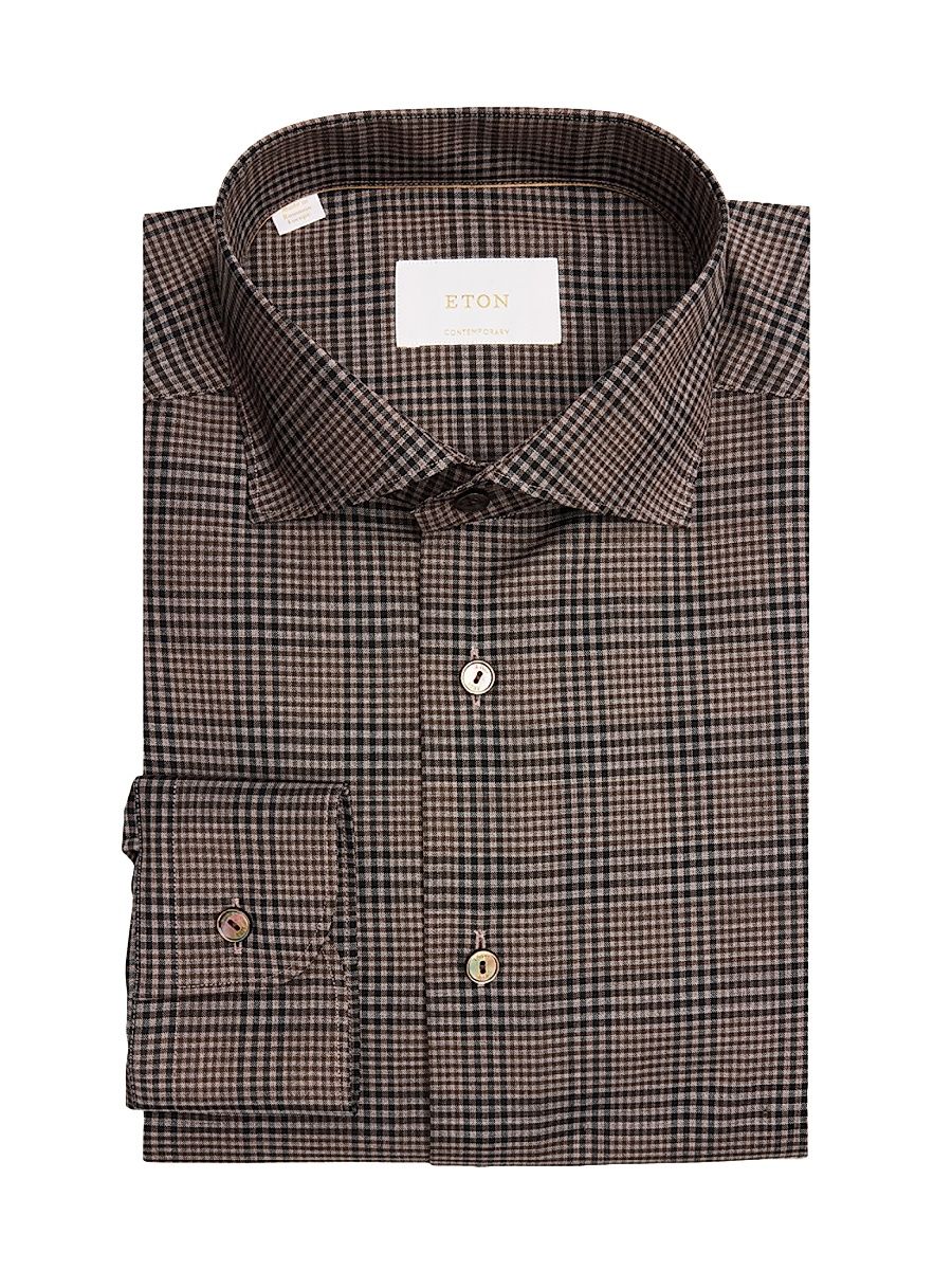 Men's Contemporary-Fit Plaid Wool Shirt - Brown - Size 18