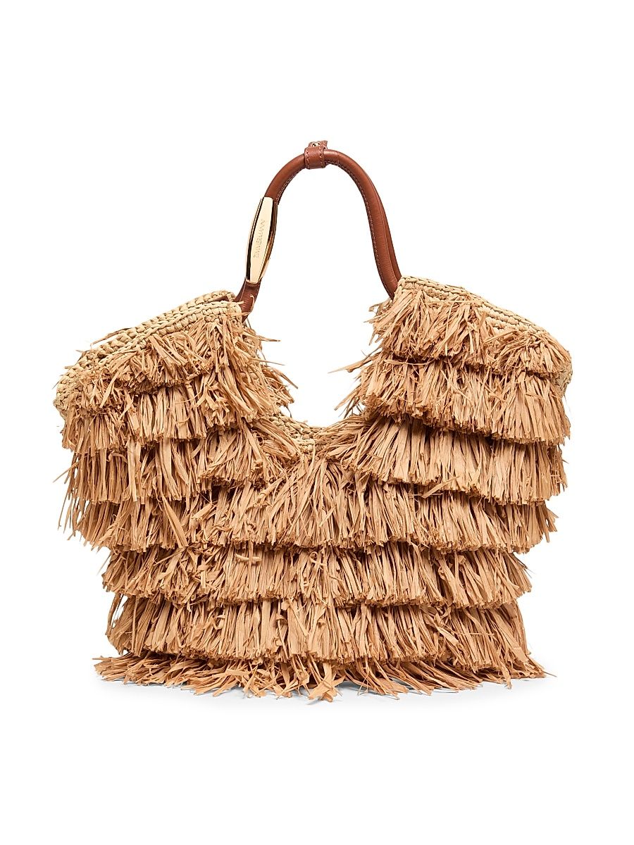 Women's Small Goldentime Fringed Raffia Tote Bag - Tan Fringe Stripe