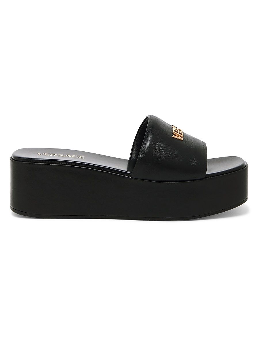 Women's Logo 55MM Leather Platform Sandals - Black Versace Gold - Size 6.5