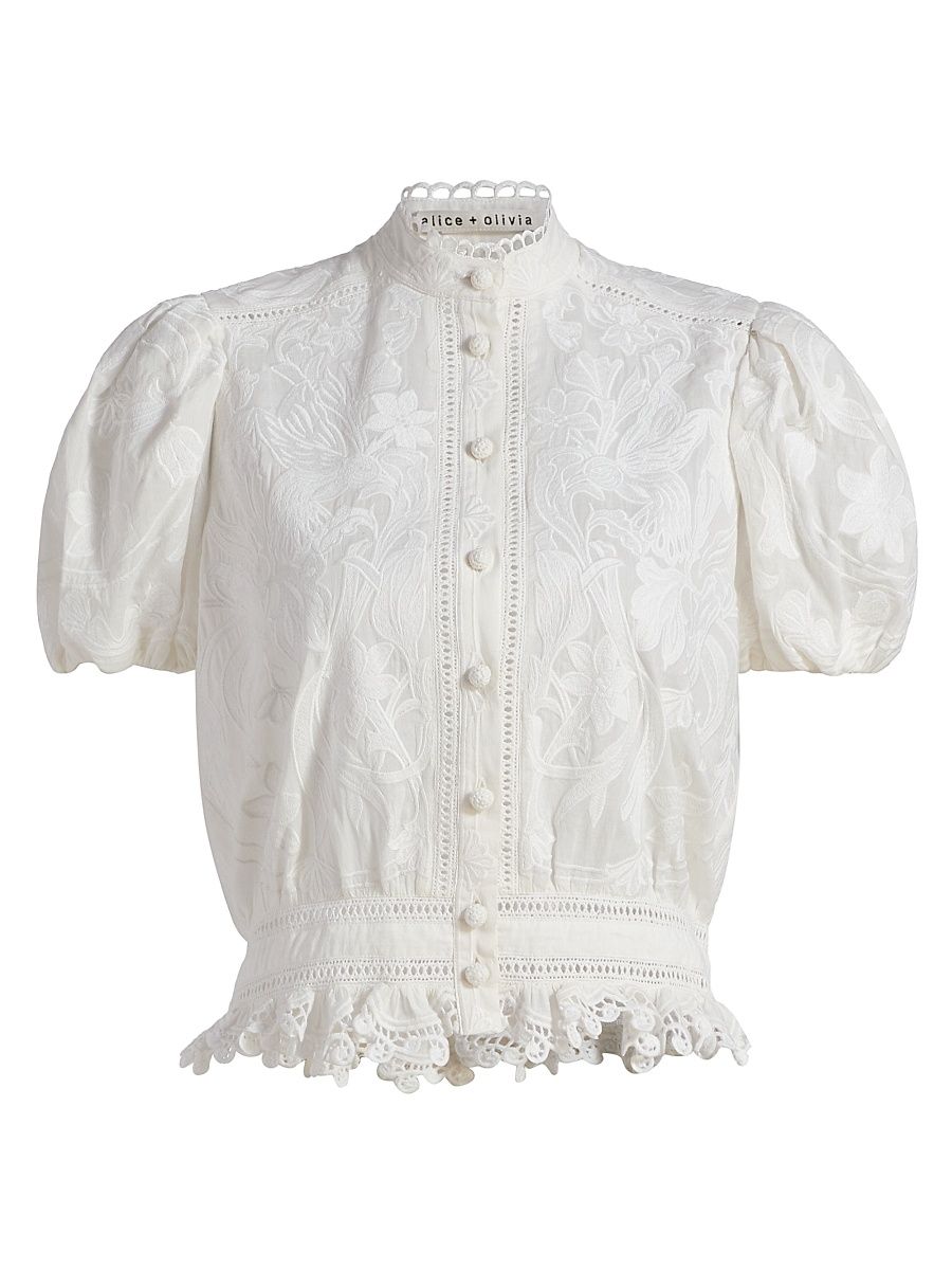 Women's Loryn Embroidered Cotton Short-Sleeve Blouse - Off White - Size XS