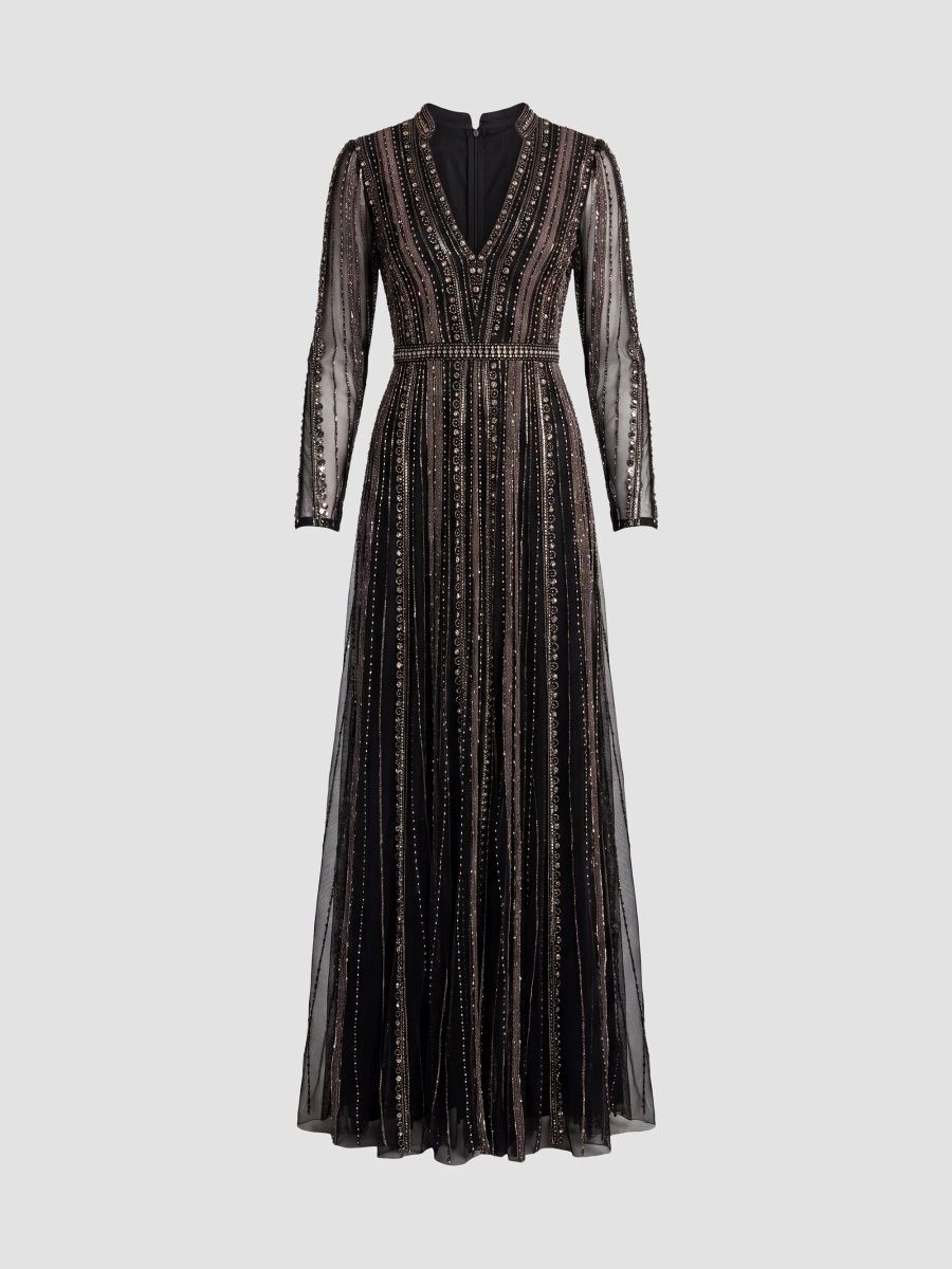Mac Duggal Women's Embellished Mesh V-Neck Gown - Black Charcoal - Size 18