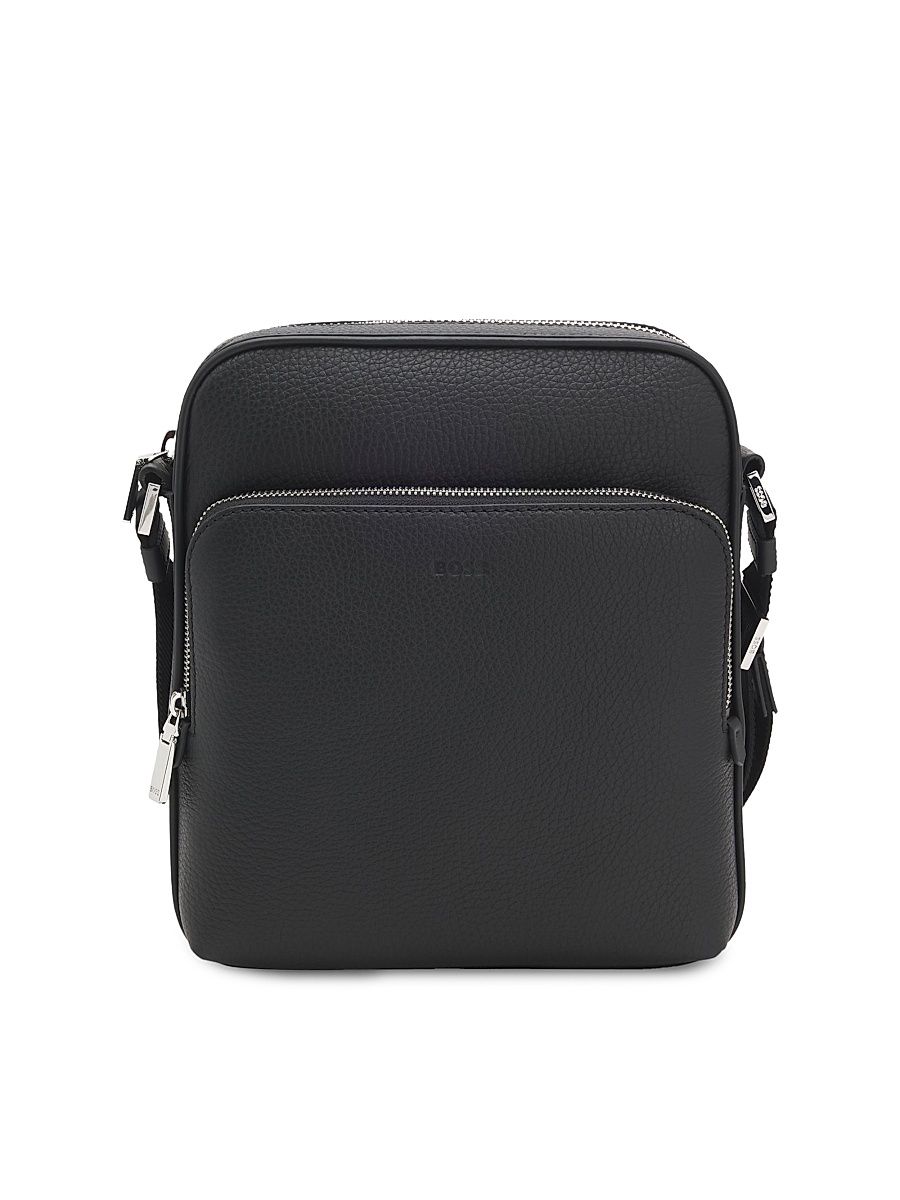 Men's Reporter Bag in Grained Italian Leather with Embossed Logo - Black