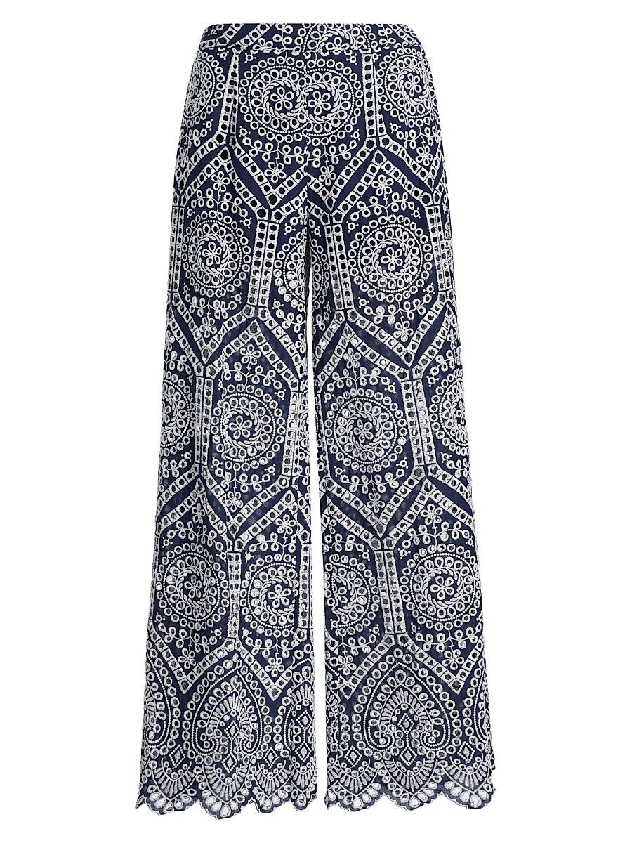 Women's Fifi Eyelet Cotton Wide-Leg Pants - Navy White - Size XL