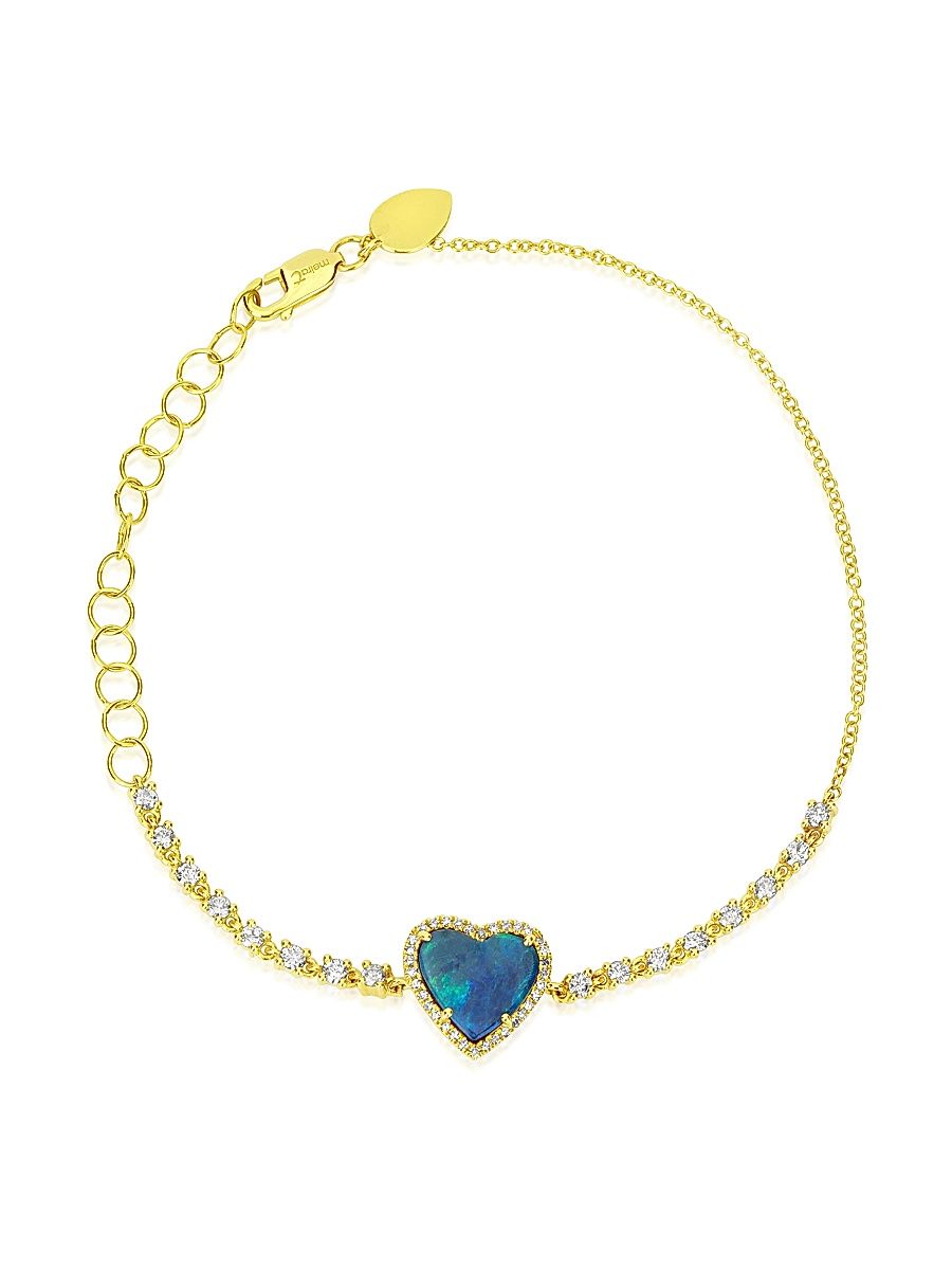 Women's 14K Yellow Gold, Opal, & 0.45 TCW Diamond Heart Charm Bracelet - Yellow Gold