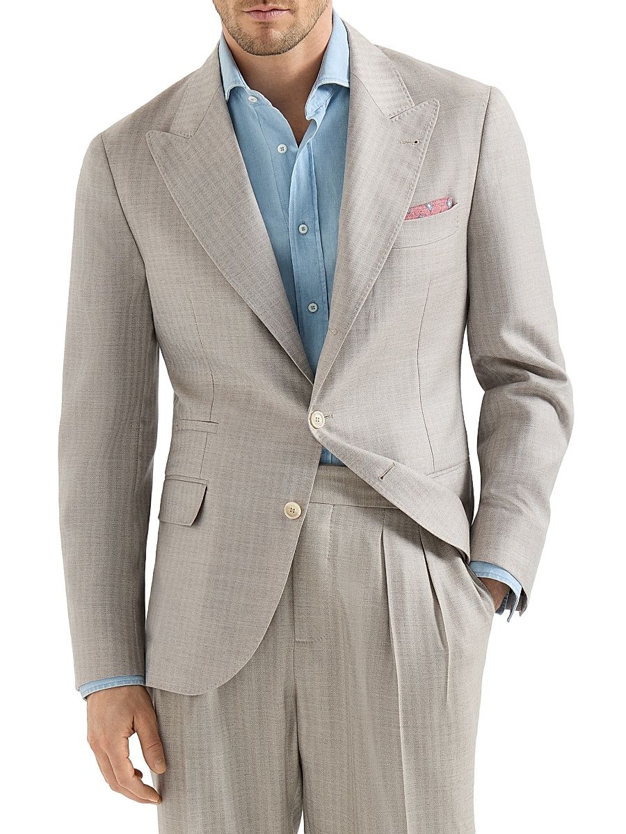 Men's Cashmere and Silk Chevron Deconstructed Blazer with Peak Lapels - Light Grey - Size 48