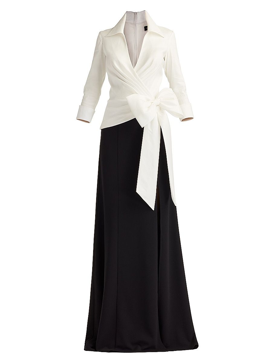 Women's Mixed-Media Bow Gown - White Black - Size 18