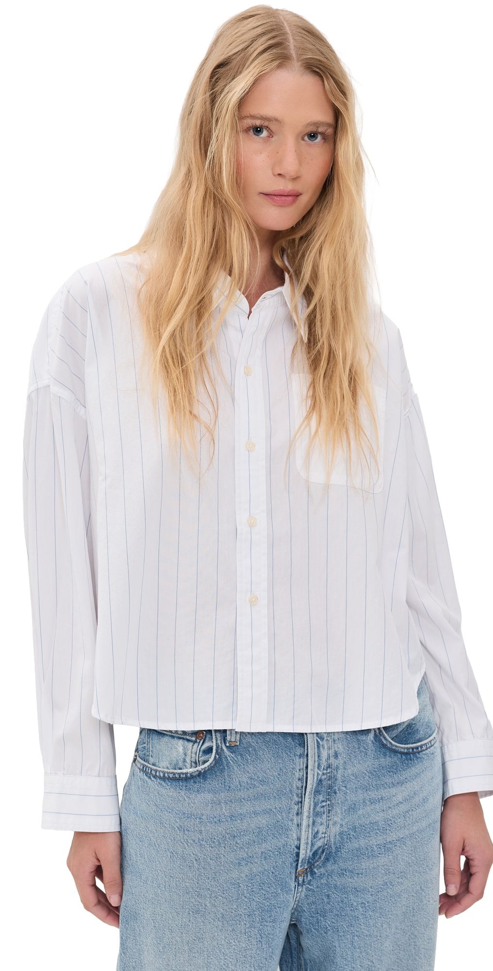 Denimist Bailey Cropped Button Down Shirt Light Blue Wide Pinstripe S