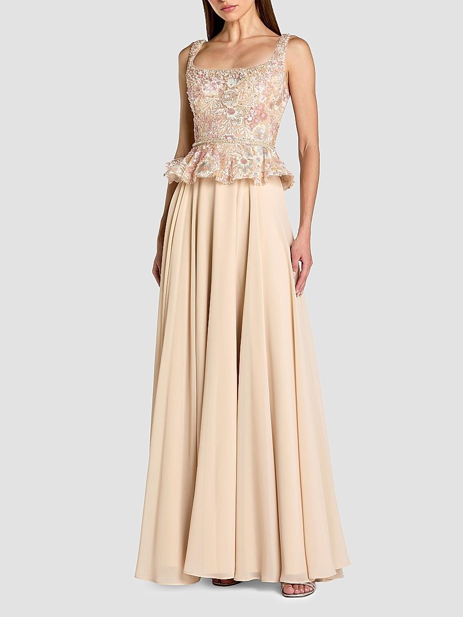Women's Petite Chiffon Embroidered Peplum Gown - Champagne - Size Petite 8