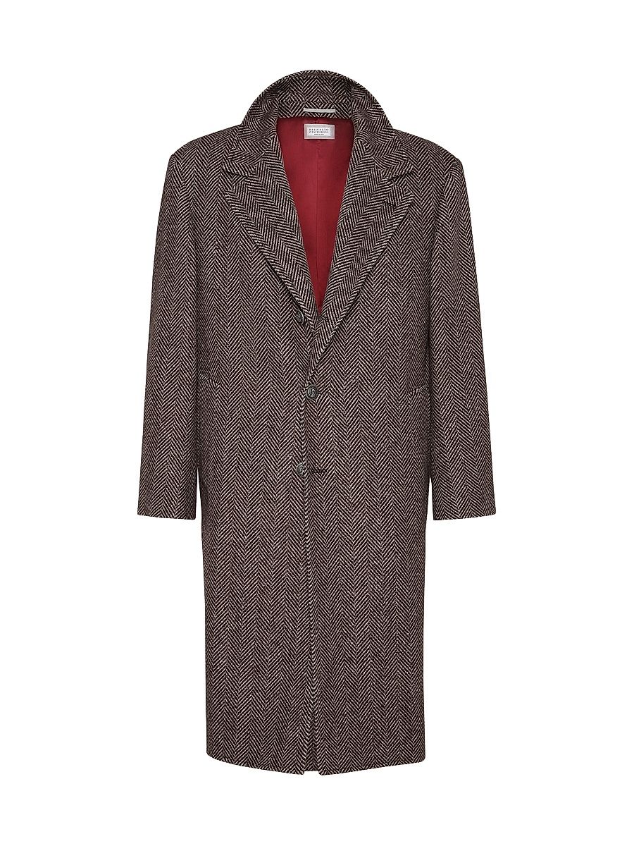 Men's Cashmere and Silk Chevron Flannel Coat with Metal Buttons - Brown - Size 40