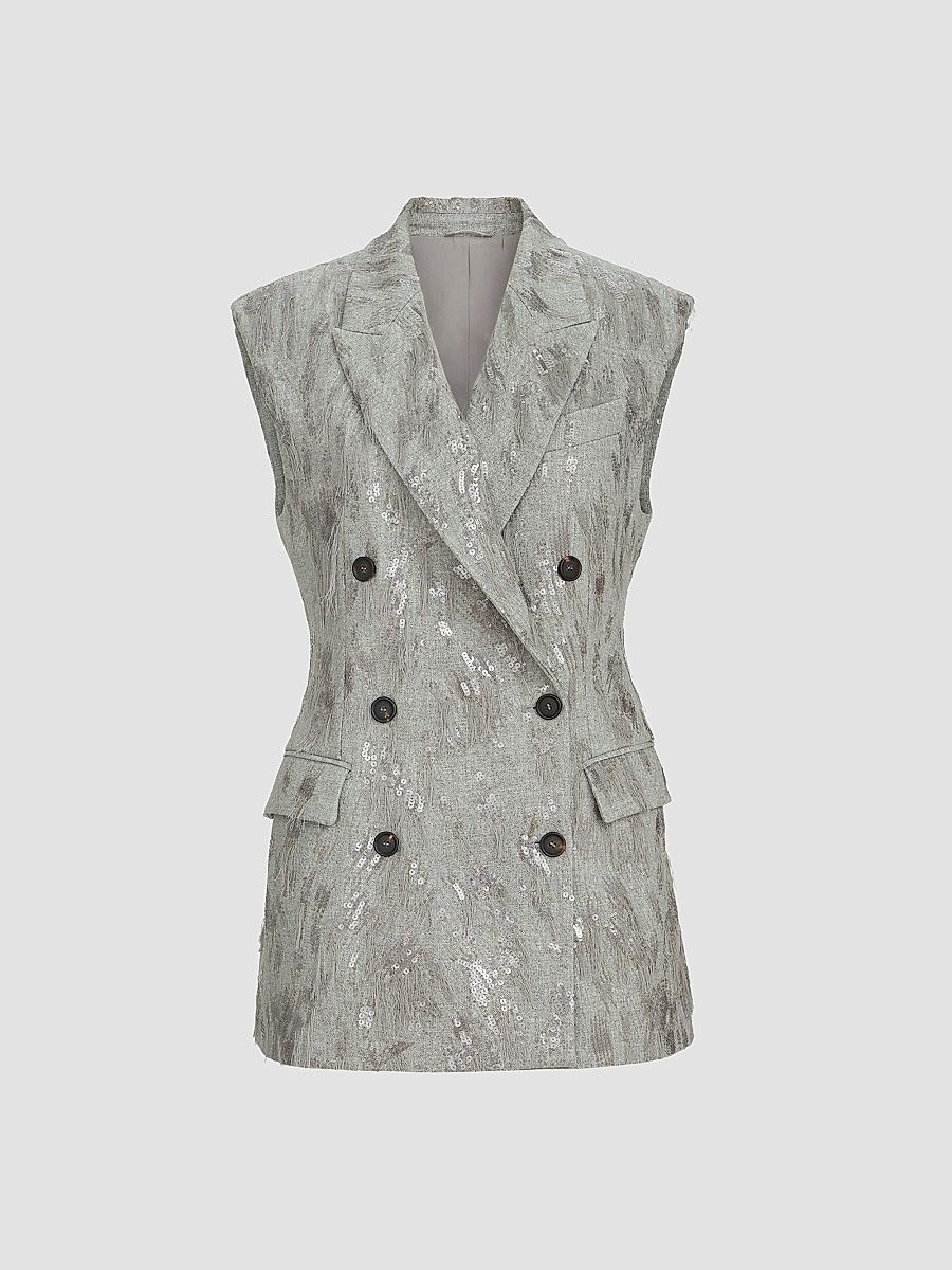 Women's Virgin Wool and Cashmere Twill Flannel Vest with Dazzling Lynx Embroidery - Grey - Size 6