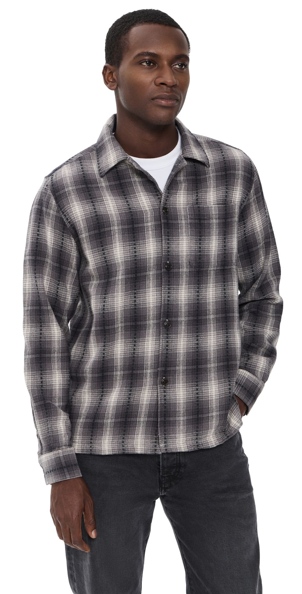 Far Afield Kali Check Busey Button Down Shirt Dark Grey L