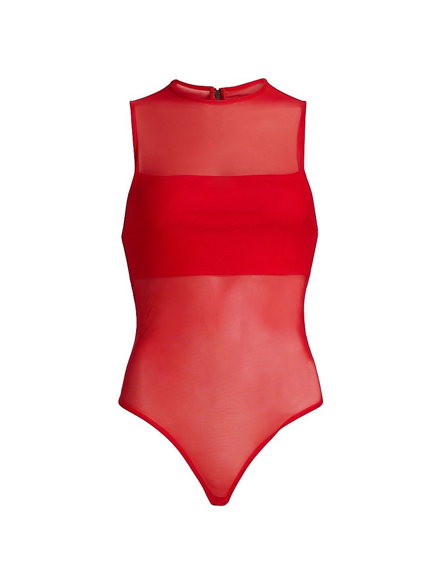 Women's Bandeau Sleeveless Sheer Crewneck Bodysuit - Bright Ruby - Size XS