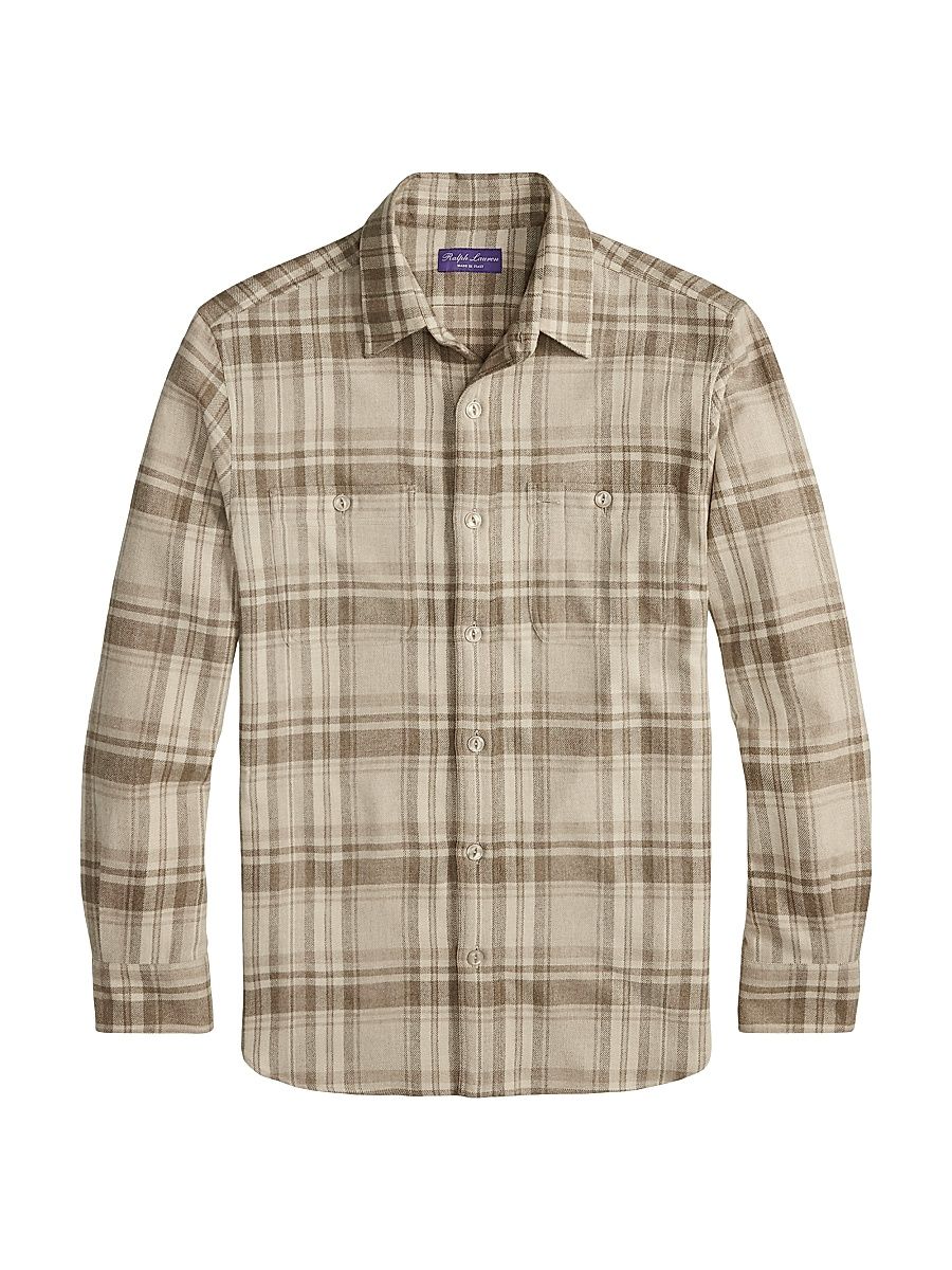 Men's Plaid Cotton Shirt - Taupe - Size Medium